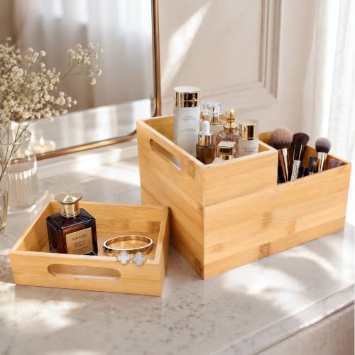 HOMESTEAD 3-Piece Stackable Bamboo Storage Box, Large Storage Bin, Wooden Box...