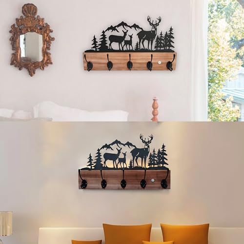 Metal Deer Coat Hooks Wall Mounted, Battery Operated Induction Light Hooks, W...