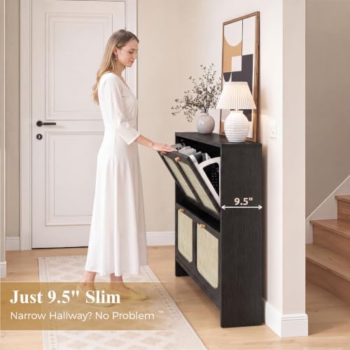 Nicetree Rattan Shoe Cabinet for Entryway, 9.5" Ultra-Thin Narrow Shoe R...