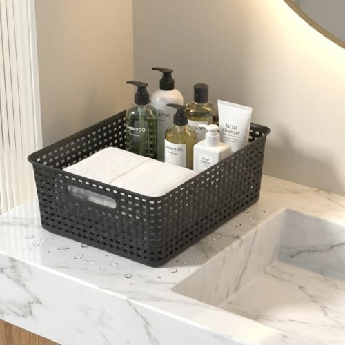 13 Quart Stackable Flat Plastic Storage Basket with Lid, 6 Packs