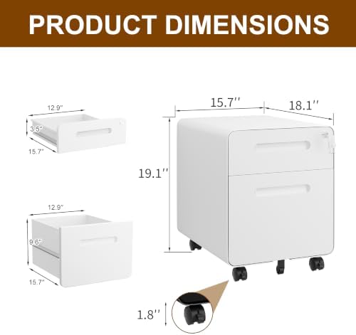 2 Drawer Mobile Low Profile File Cabinet with Lock and 4 Keys