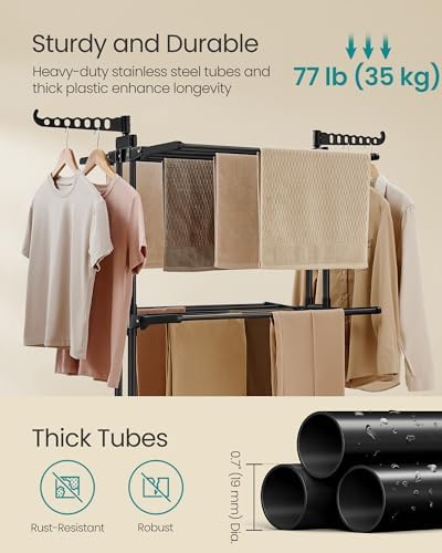SONGMICS 4-Tier Clothes Drying Rack, Foldable, Rolling, 66.6-Inch Tall