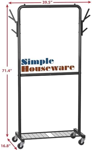 Simple Houseware Double Rod Clothes Rack with Wheels, Hooks & Shelf, Black