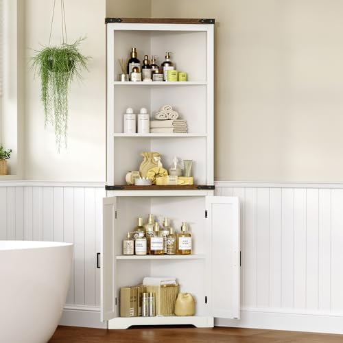 TEENFON Farmhouse Corner Cabinet, 70" H Tall Corner Hutch with 5 Shelves...