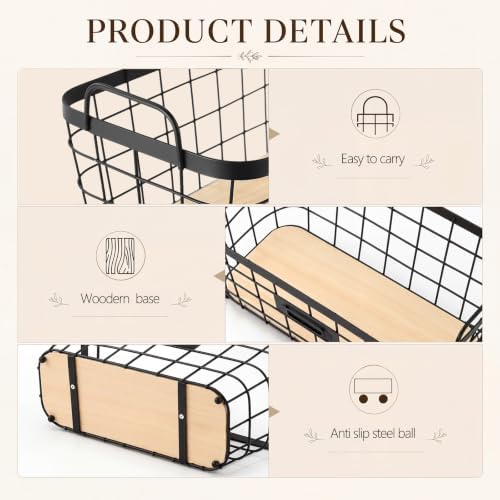4 Pcs Black Metal Wire Storage Baskets with Wood Bottoms,Large