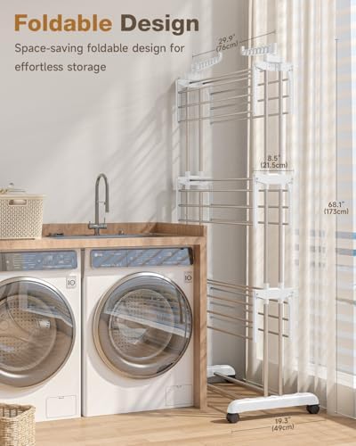 Bigzzia Clothes Drying Rack Folding with Wheels Laundry Rack 4 Tier