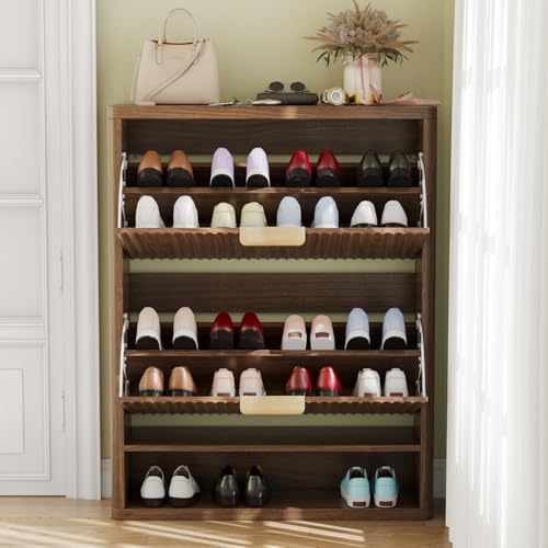 Fluted Shoe Cabinet Storage with 2 Flip Drawers, Narrow Shoe Storage Organize...