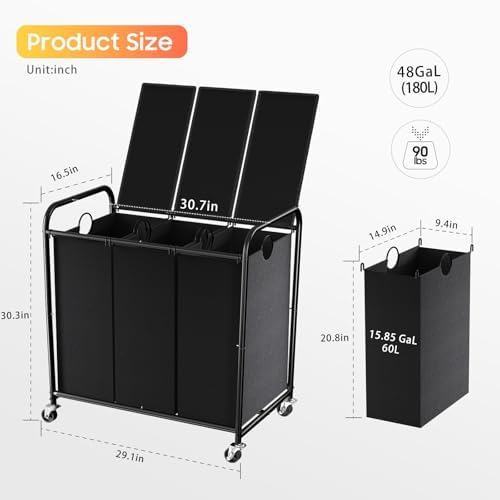 180L Laundry Sorter 3 Section, Rolling Laundry Basket with Wheels and Lid