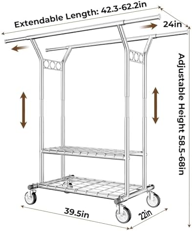 HYSEYY Heavy Duty Clothes Rack 620 LBS, Rolling Clothing Rack with Wheels