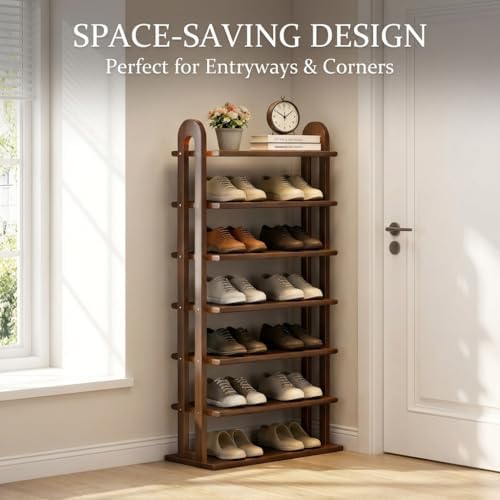 43.7" Wooden Shoe Rack - Vertical Shoe Organizer Rack for Small Space, N...