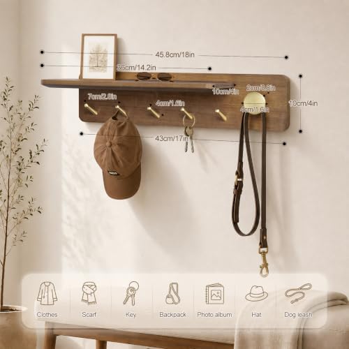 Coat Rack Wall Mount with Shelf, Solid Wood, 5 Brass Hooks, Brown