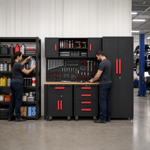 6Pcs Garage Cabinets Storage System with Rolling Chest,Red Handle