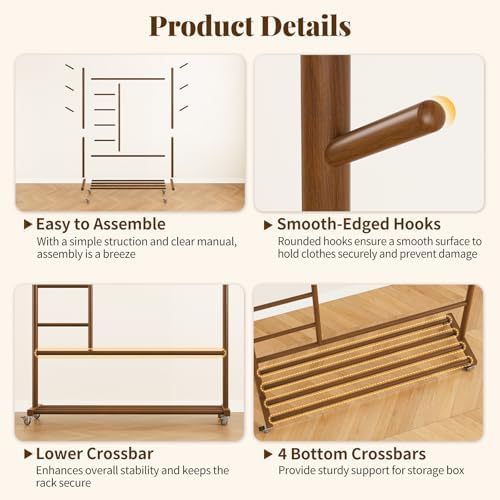 Yoobure Solid Wood Clothing Rack, 4-in-1 Wooden Clothes Rack with Wheels