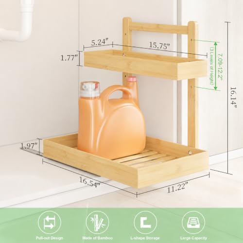 Bamboo Under Sink Organizer 2 Pack, 2-Tier Pull Out Cabinet Organizer