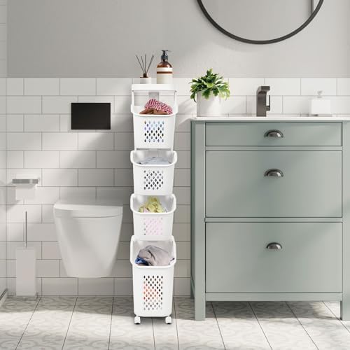 4-Tier Plastic Laundry Hamper Sorter with Wheels,Tiered Laundry Basket Organi...