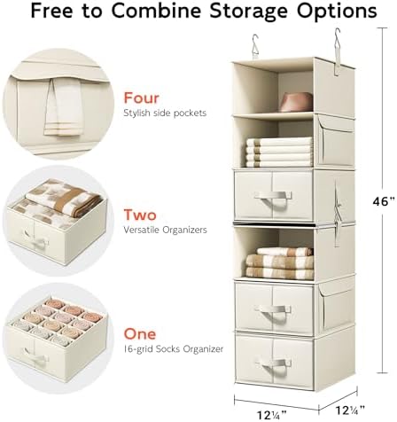 6-Shelf Hanging Closet Organizer with 3 Drawers, 2-in-1 Design, Beige