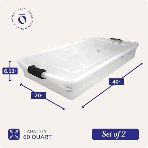 HOMZ Under Bed Clear Plastic Storage Bin w/Lid, 60 Qt, Gray Latch, 2 Pack