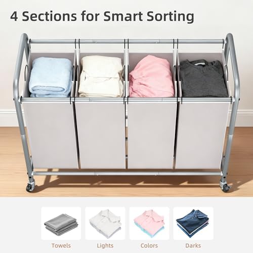 STORAGE MANIAC 4 Section Laundry Sorter, Laundry Hamper with Wheels, Gray