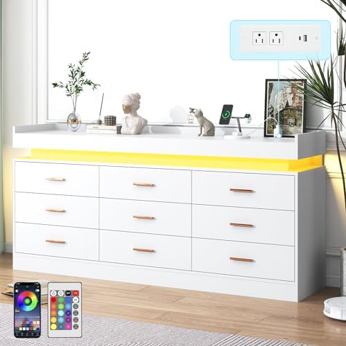 jiteentarou 9 Drawer Dresser with Charging Station and LED Lights, Modern Che...