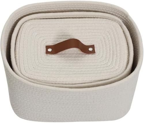 Cottonphant Set of 3 Nesting Woven Storage Baskets with Lids, Cotton Rope Dec...