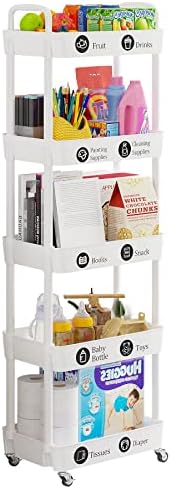 5 Tier Rolling Cart with Wheels, Utility Storage Carts,White