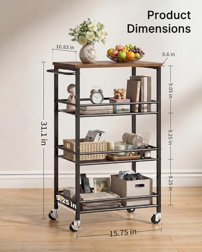 Pipishell Laundry Storage Cart with Wheels, Handle & Wood Top, Metal 4 Tier