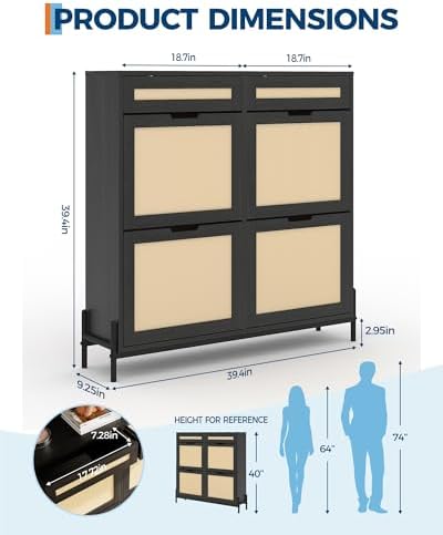 GarveeHome Rattan Shoe Cabinet Storage with 4 Flip Drawers & 2 Top Drawer...
