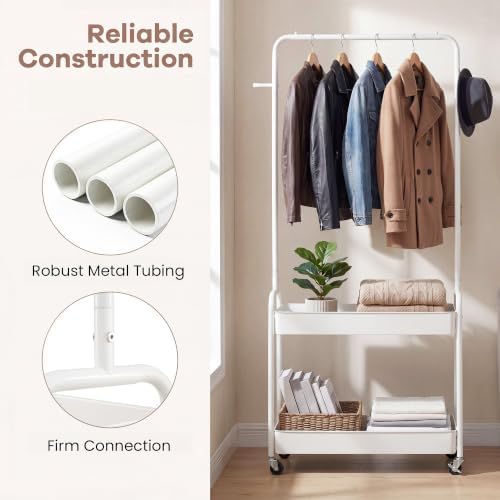 COSTWAY 3 in 1 Rolling Metal Clothes Rack with 2 Baskets & Hooks (White)