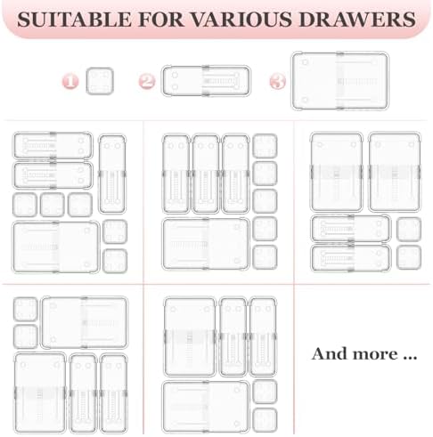 DILIBRA 20Pcs Clear Extendable Drawer Organizer, Adjustable Drawer Storage