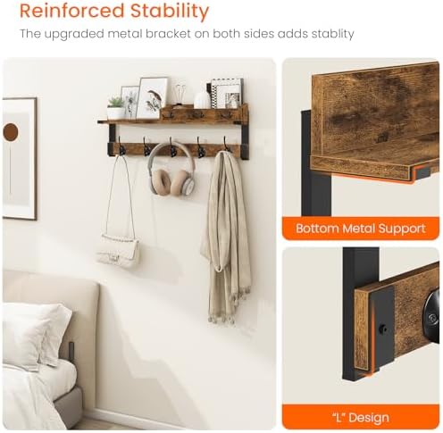 Homode Coat Rack with Shelf, Wall Shelf with Hooks, Rustic Brown Black
