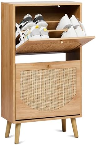 Karl home Natural Rattan Shoe Cabinet, 2 Flip Drawer Entryway Organizer