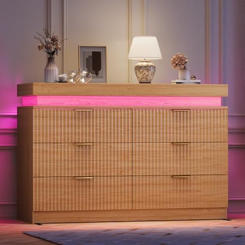 Fluted 6 Drawer Dresser LED Lights & Charging Station, Natural Oak