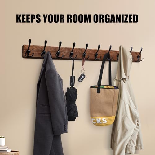Gohiuo Rustic 38.6" Large Coat Rack Wall Mount, Long Wood Coat Hooks wit...
