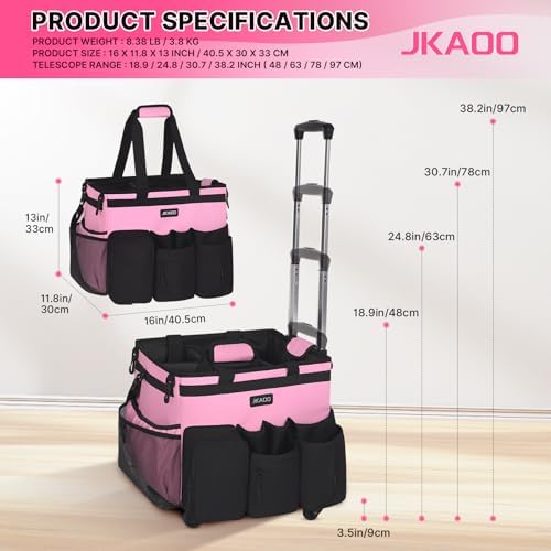JKAOO Large Rolling Cleaning Caddy Bag with Detachable Trolley, Pink