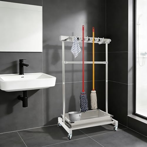 Rolling Mop Holder with Tray, 5 Mops & 12 Hooks, Grab Bar & Crossbar,...
