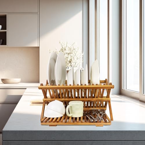 Utoplike Teak Dish Drying Rack Collapsible, Large Dishes Draine 3 Tier