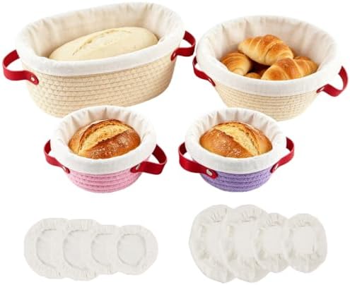 4 Pack Cotton Rope Sourdough Proofing Basket Set with Liners Covers Handles