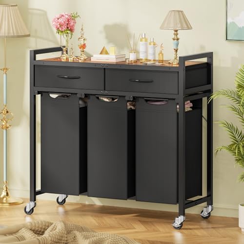 Laundry Sorter 3 Section, 120 L Laundry Hamper with 2 Drawers & 2-tone To...