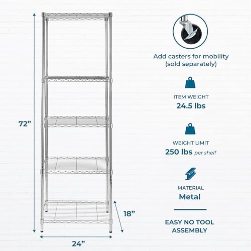 5-Tier Deep Shelf, 250 lb/Shelf, NSF, Chrome, 24x18x72 in