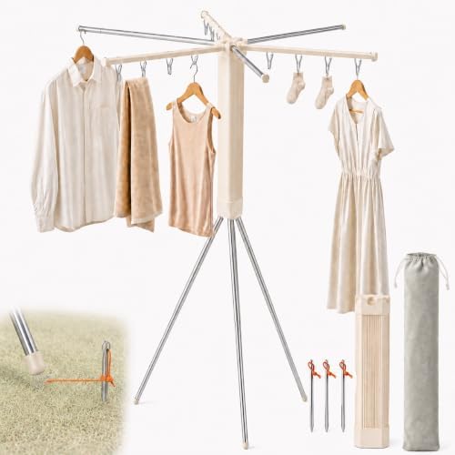 Foldable Tripod Clothes Drying Rack, 6-Pole Stand with 12 Clips