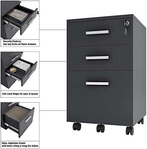 Modern Designs Lazio Black File Cabinet, Filing Cabinets for Home Office, Dra...
