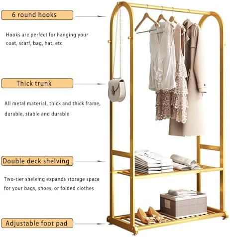 Gold Clothing Rack,Metal Garment Rack with Bottom Storage Shelves and 6 Side ...