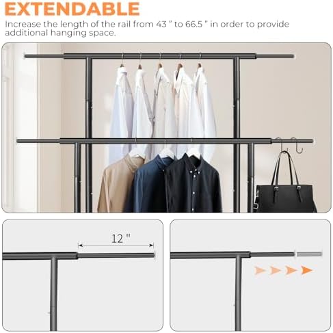 Fishat 48"W x 15"D x 67"H Portable Black Double Rods Garment C...