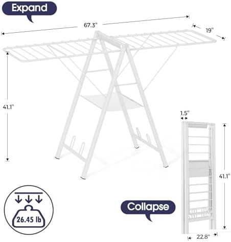 APEXCHASER Clothes Drying Rack, 67.3" L Height Adjustable, Foldable, White