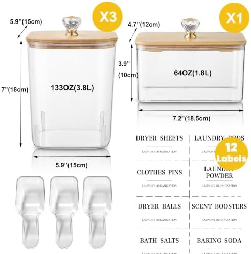 4 Pack Clear Laundry Pods Container & Dryer Sheet Holder Set with Lid, La...