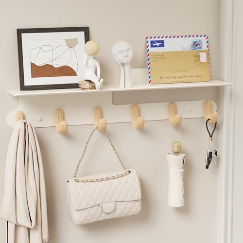 Wall Hooks with 22'' Shelf Coat Rack Wall Mount with 6 Hooks Entryway...