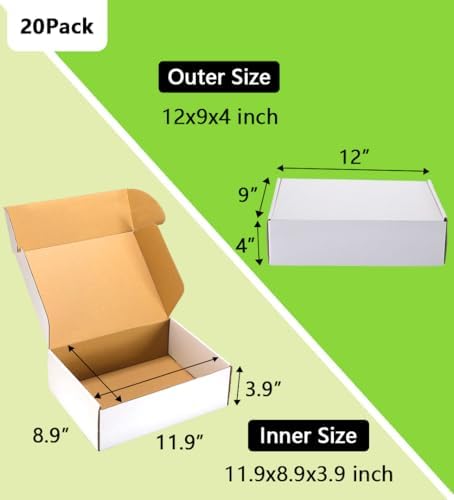 12x9x4 inches Shipping Boxes 20 Pack,TUKYLIL White Corrugated Cardboard Box,M...