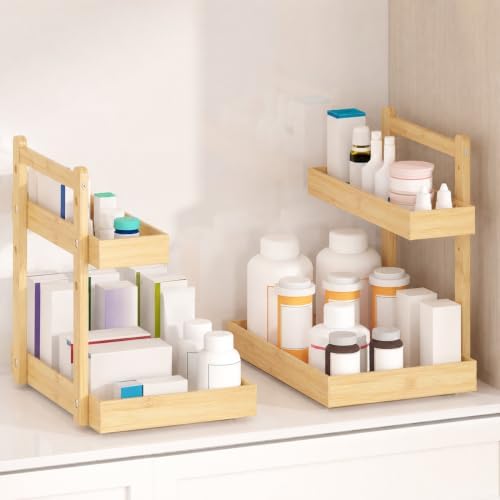 Bamboo Under Sink Organizer 2 Pack, 2-Tier Pull Out Cabinet Organizer