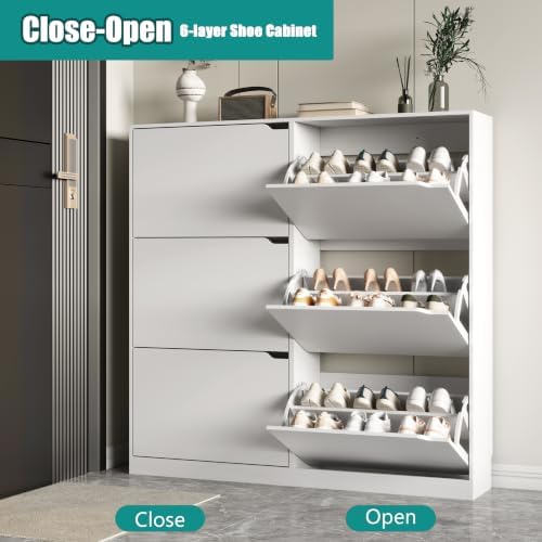 Xixini Shoe Storage Cabinet for Entryway with 6 Flip Drawers, Sturdy Wood Hid...