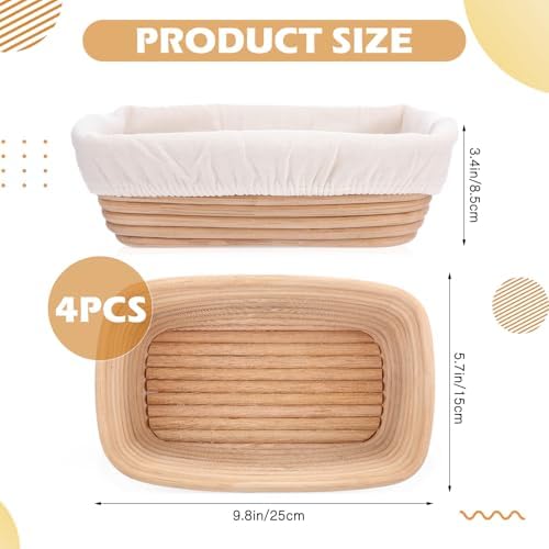 Nuogo 4 Pcs Rectangle Banneton Proofing Basket Set 10 Inch with Liner